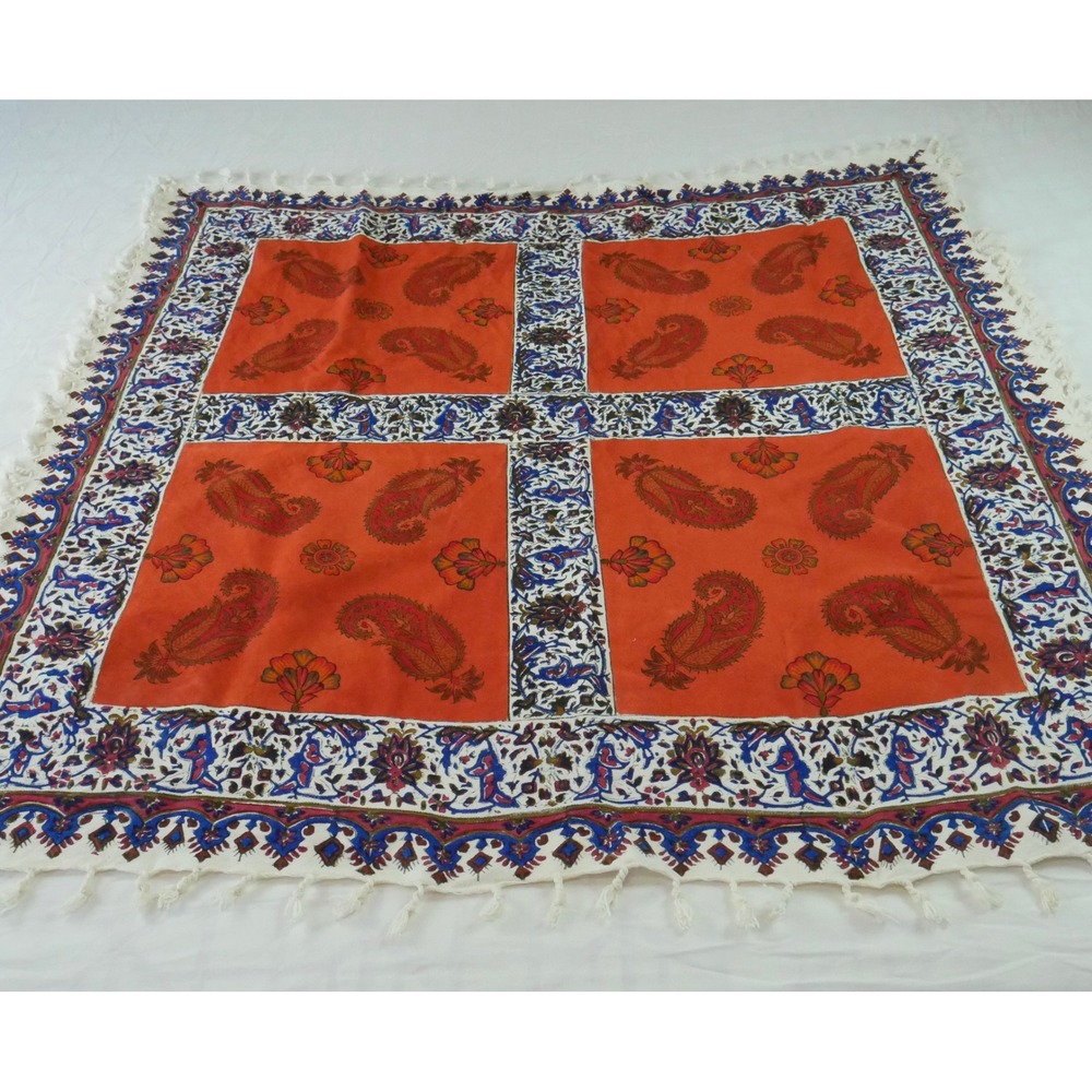 Vintage Hand Block Print Cotton Tablecloth Orange Paisley Fringe Boho 37" x 39"